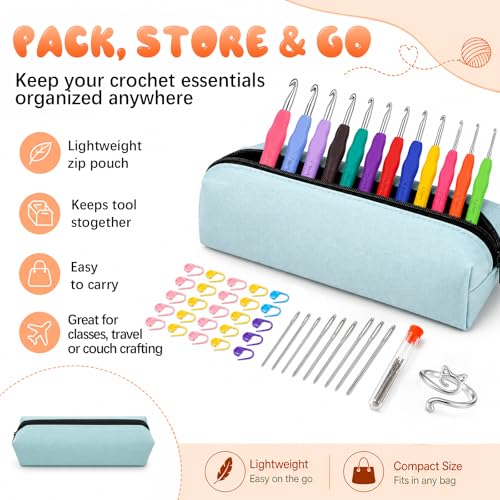 Crochet Hooks 12 Sizes Crochet Hook Set, 50 Pack Yarn Crochet Kit for Beginners, Knitting Needles with Ergonomic Handles for Arthritic Hands, Crochet Needle Kit with Blue Case for Crocheters