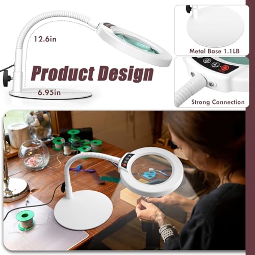 10X Magnifying Glass with Light and Stand, 5 Color Modes Stepless Dimmable LED Lighted Desk Lamp, Hands Free Flexible Gooseneck Magnifier with Light for Craft Hobby Painting Close Work - White - color: White, size: 10X-12.6in