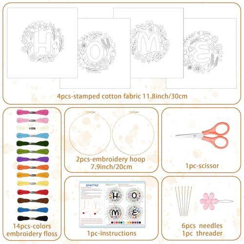 BEUNITONE 4 Set Embroidery Kit for Beginners, DIY Home Theme Pre-Stamped Pattern Needlepoint Kits for Adults with Hoop and Instruction, Funny Hand Embroidery Patterns for Cloth and Home Decor - style: D-Home Letter