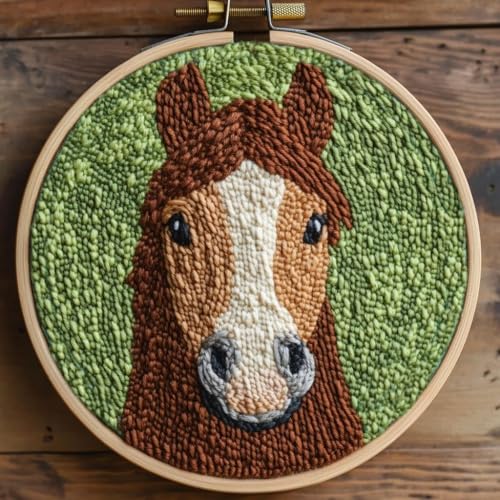 DIY Punch Needle Kits Brown Horse with Hoop 20x20cm-2 - color: 03-Brown Horse