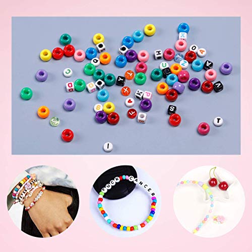 1720+pcs Pony Beads Kit 1830pcs 6 Style Letter Alphabet Beads Rainbow Plastic Pony Bead Bulk Multicolor Kandi Bead Elastic String DIY Crafts Jewelry Making Kit for Bracelets Necklaces - color: Solid Pony Beads with Letter