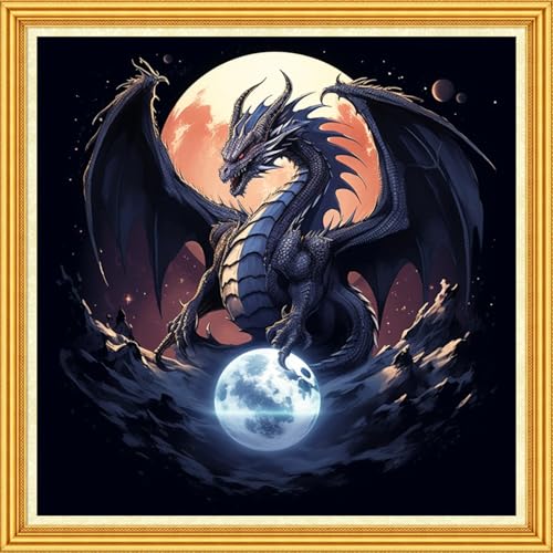 Foxhool Stamped Cross Stitch Kits,11CT Printed Cross Stitch Pattern Full Embroidery Kits for Beginner Needlepoint Kits-Moon Dragon 18x18 inch - color: Craftpatterns16