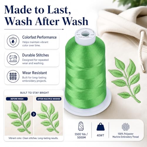 Simthread 5500Yds Embroidery Thread, 5000M High-Yardage 40WT 100% Polyester Thread – 170+ Vivid Colors, High-Speed Rated – Compatible with Brother, Singer, Janome & More - Christmas Green S039 - color: ChristmasGreenS039