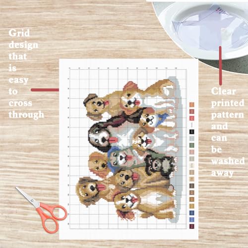 FREEBLOSS 11CT Dog Cross Stitch Kits for Adults Stamped Cross Stitch Wall Hanging Kit Embroidery Starter Set with English Instructions, Sufficient Threads for Beginners