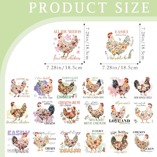 Dazoratix Chicken Iron on Transfers - 20 Sheets Colorful Floral DTF Ready to Press for T Shirts Farm Heat Patches Stickers Vinyl Designs Decals for Clothing Clothes Pillow Bag Hat DIY Craft Decoration - style: Chicken