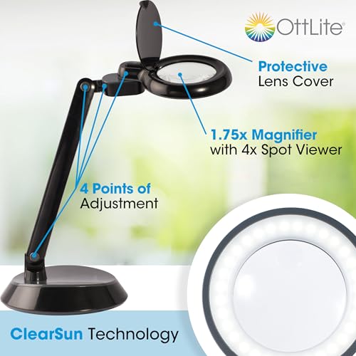 OttLite Space-Saving LED Magnifier Desk Lamp, Optical Grade, Black