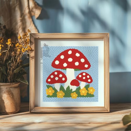 Doodlream Mushroom DIY Punch Needle Embroidery Kit for Adult Beginner, 9.4" Mushroom Punch Stitching Craft Set for Starter with Frame, Fabric Pattern, Threader, Yarn, Pinch Needle - color: Mushroom