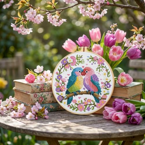Stamped Cross Stitch Kits for Beginners Adults-Parrot,with Embroidery Hoop - color: Bird-2605
