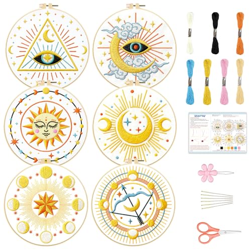 BEUNITONE 6Set Tarot Embroidery Kit for Beginners with Dreamy Pre-print Patterns, DIY Craft Kits for Adults Women with Embroidery Hoops and Full Kits, Needlepoint Kits for Home Decor and Gifts 20x20cm - style: Tarot