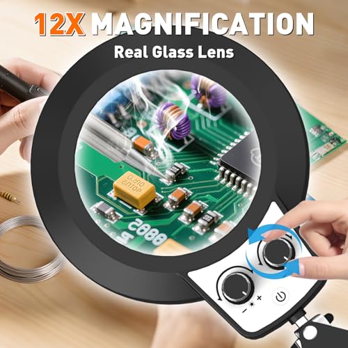KIRKAS 12X Magnifying Glass with Light and Stand, Extra-Long Arm Knob - size: 12X 35 INCH Clamp