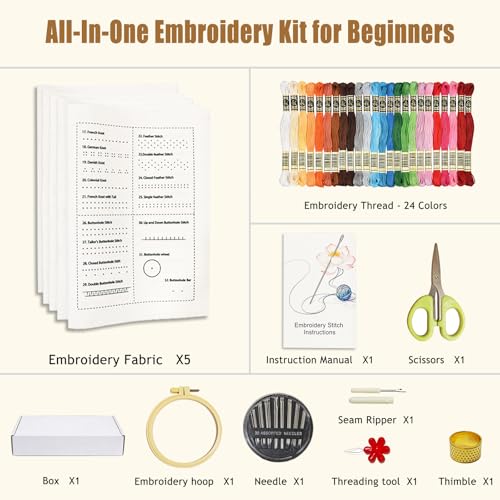 Embroidery Kit for Beginners, 87 Stitches Easy to Advanced, Step by Step Video Guides, DIY Embroidery Stitch Book, All in One Tool Set, Suitable for novices and Craft Enthusiasts