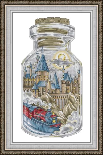 CrossNest 14CT Counted Cross Stitch Kit for Beginners, Unprinted Complete DIY Embroidery Set with Pattern & Tools, Premium Aida Cloth & Threads (The Magic School in the Bottle) - color: Pattern 08
