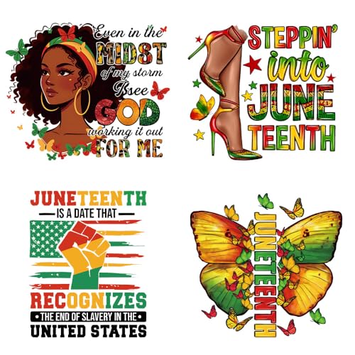 Juneteenth Iron On Transfer Patches, 4 Sheets Ready to Press Vinyl Stickers Iron On Transfers Patches for Clothing T-Shirts Washable Heat Press Decals Black History Month Clothes Decoration Applique - color: Juneteenth B