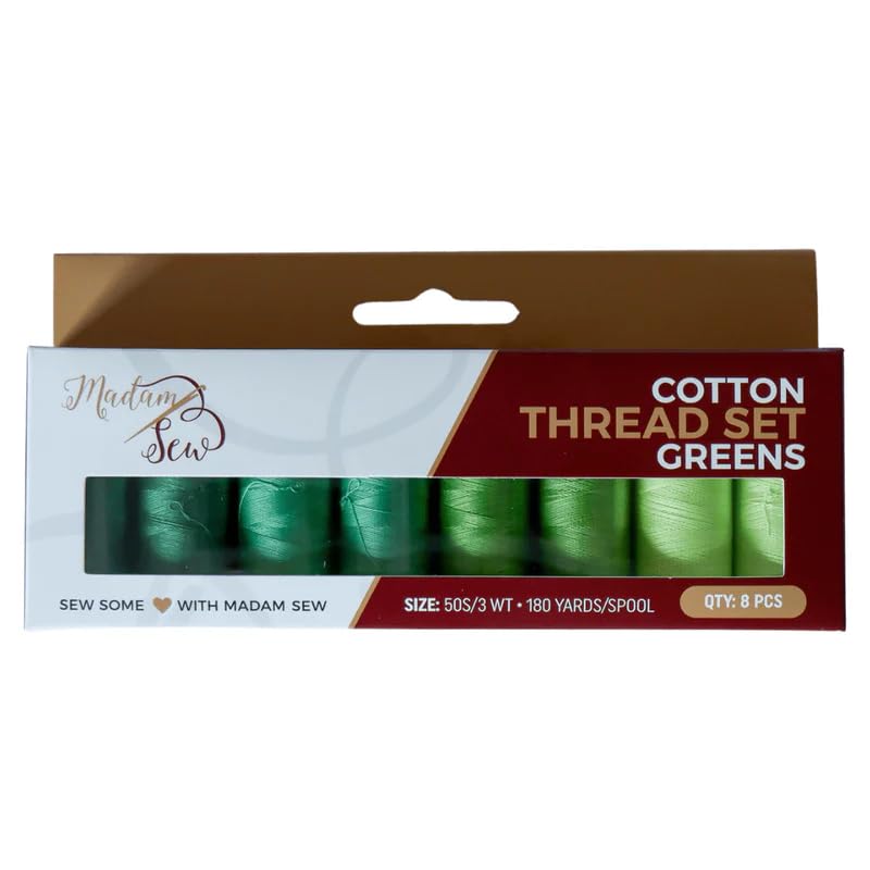 Madam Sew Cotton Thread Set – 8 Small Spools – 100% Cotton Thread for Sewing Machine & Hand Stitching | Strong, Low-Lint All Purpose Threads for Fabric, Quilting, and Stitching – Greens - color: Greens