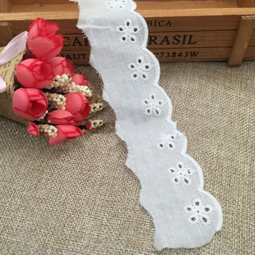 15 Yards Lace Trim White Cotton Lace Trim Eyelet Floral Ribbon Wavy Edge Embroidery Ruffle Trims for Sewing Dress Clothes Bag Dolls & Pets Clothes (1.57 Inches Wide)