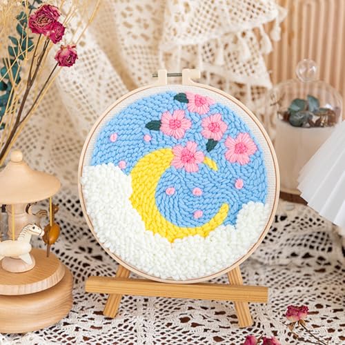 Woohome Punch Needle Kit Included Plastic Hoops, Punch Needle Cloth, Color Yarn and Punch Needle Tools for Adults, Beginners (Moon and Sunflower) - color: Color 11