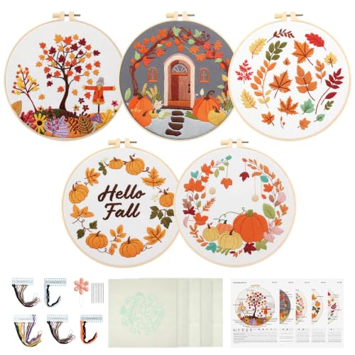 5 Sets Fall Embroidery Kits for Beginners, Autumn Pumpkins and Maple Leaves Embroidery Starter Kit for Adults Thanksgiving Gifts with Stamped Pattern DIY Needlepoint Kit Cross Stitch Set with 2 Hoops - size: Fall