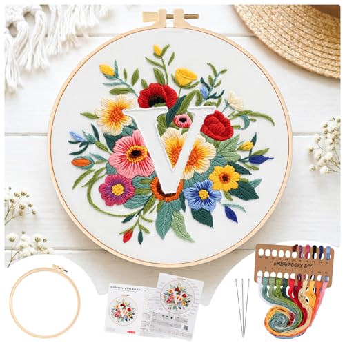 Zerzsy 7.87 '' Embroidery Kits Plant Flower Leaf English Letter Patterns for Beginners Adults, Easy to Learn Cross Stitch Kit for Home Office Decor - color: Letter V