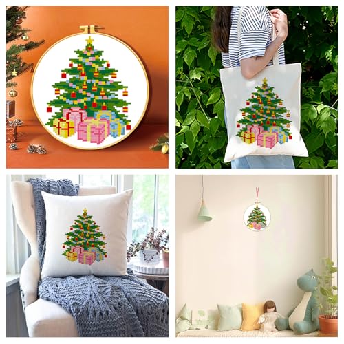 Zhenqing Christmas Tree & Bells Cross Stitch Kit with Hoop - 11CT Pre-Printed 24x24cm Fabric & Complete Tools for Beginners (68321) - style: Christmas Tree & Bells