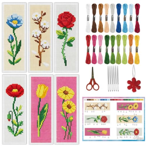 INFUNLY 6PCS Cross Stitch Bookmark Kit for Adults Rose Tulip Stamped Embroidery Bookmark Kit with Backing Felt Floss Instruction for Book Lovers Readers - style: Single Flower