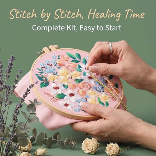 Harimau Adult Beginner Embroidery Starter Kit, Complete Set with 4 Patterns, 2 Hoops, Needles, Scissors, Instruction Guide & Stitching Video Tutorials - color: Floral1 pattern