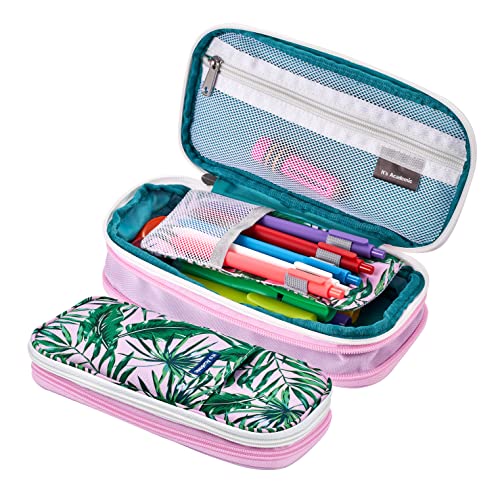 It's Academic Expanding Pencil Case, Portable Pouch for Office & School Supplies, Travel Organizer Bag, Compact, High Capacity, Palm Tree Design, Pink - color: Expanding Pencil Case, Pink Palm Tree, size: 1 Pack