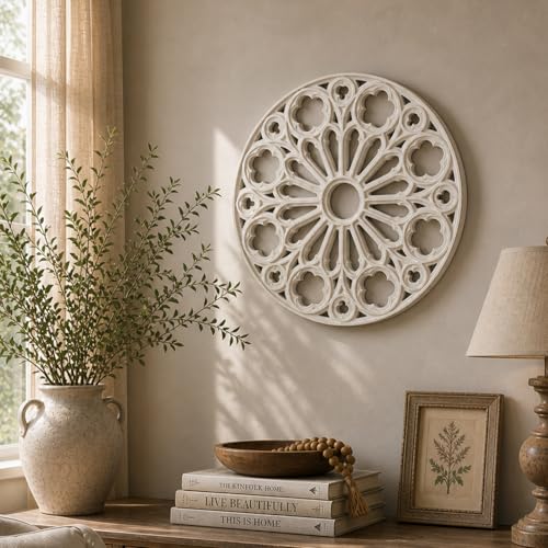 XIAOAIKA Round Hand-Carved Wood Wall Art, Floral Geometric Design, 16 Inch - color: White-7