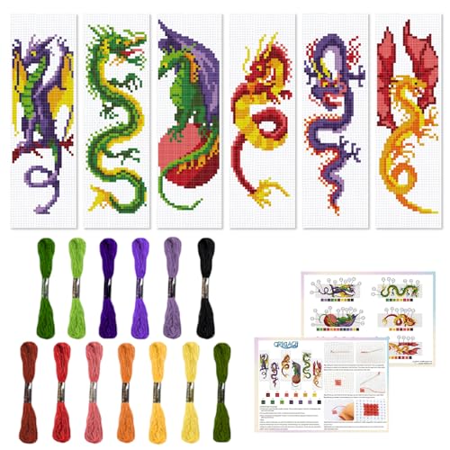 ORIGACH 6 Pcs Cross Stitch Bookmark Kit for Beginner Dragon Pattern Stamped Embroidery Stitch Kits for Starter DIY Bookmarks Printed Cross Stitch Kits with 13 Colors Embroidery Floss - style: Dragon