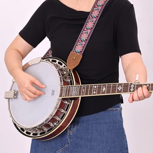 Nefelibata Banjo Strap,2"Wide Double Crazy Horse Leather Jacquard Embroidery Strap Adjustable Replacement,Multi-pattern Strap With Metal Clips - color: A#-embroidery Red