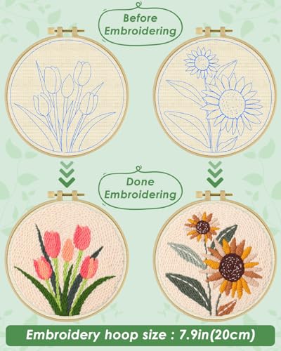 ERKOON Punch Needle Kit Adults Beginners, 2 Pcs DIY Easy Flower Embroidery Set for Starter Art Craft, Needling Punching Project with Patterns, Tools, Yarns, Hoop, Instruction (Sunflowers & Tulips) - color: Sunflowers & Tulips