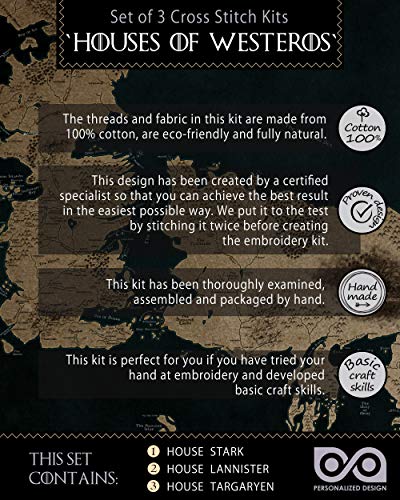 Cross Stitch Kits - Set of 3 DIY Hand Embroidery Bookmarks: House Stark, Targaryen, Lannister - GoT Design Patterns - color: 3-in-1
