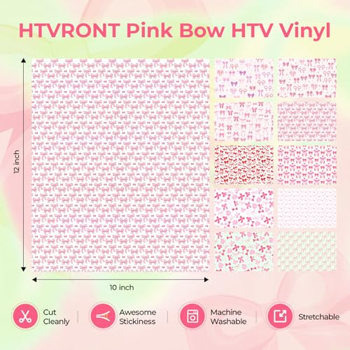 HTVRONT Pink Bow Heat Transfer Vinyl - 11 Pack Patterned HTV for T-Shirts - color: Pink Bow HTV