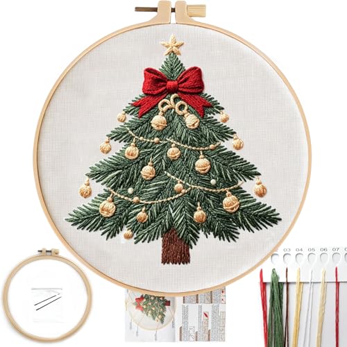 FONNUY Cute Christmas Embroidery Kit for Beginners, Festive Winter Pre-Printed Pattern & Supplies Set for Adults, DIY Handmade Needlepoint Kits Wall Art, 8'' Hoop (Tree) - color: Tree