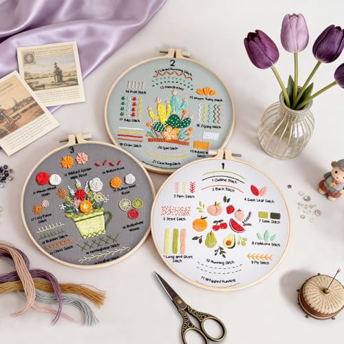 Embroidery Kit for Adult Beginners, 3 Pack Embroidery Stitches Practice Kit to Learn 31 Stitches, with Step-by-Step Instructions & Videos, Tools, DIY Needlework Craft Gift for Craft Lovers Women - color: Embroidery Kit-F