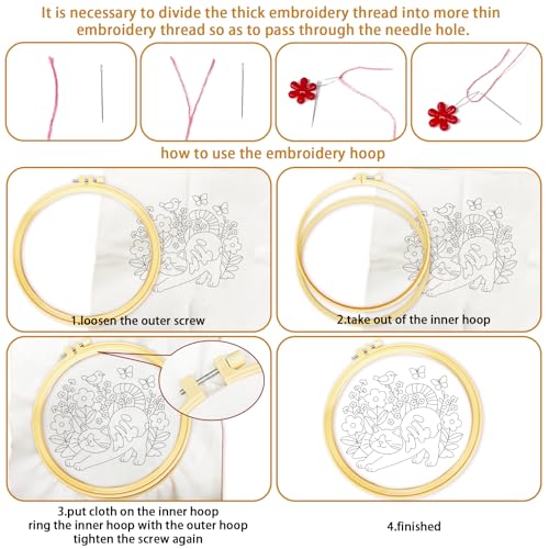 BEUNITONE 6 Set Cat and Flowers Embroidery Kit for Adults Beginners, Pre-Stamped Pattern Needlepoint Kits with Hoop, Tools, Instruction, Hand Embroidery Kits for Gifts, Fabric and Home Decor 7.9x7.9 - style: Cats Flowers