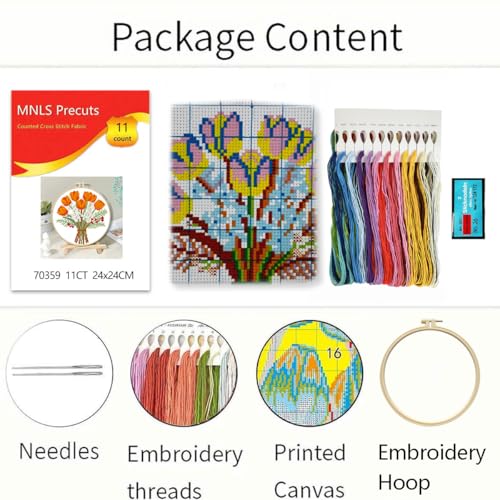 Zhenqing Orange Tulip Bouquet Cross Stitch Kit for Beginners - Complete Set with Pre-Printed 11CT 24x24cm Fabric, Hoop & Threads(70359) - color: 70359