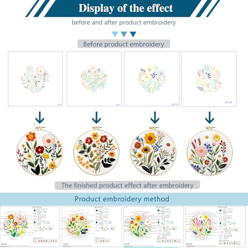 Zhenqing 4-Piece Floral Embroidery Kit for Beginners - Complete Set with Sunflower, Daisy Designs & Pre-Printed 29x29cm Cotton Fabric, Hoop, Threads & Tools(C0166) - color: C0166