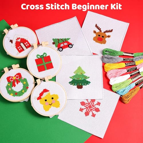 Pllieay 8PCS Christmas Cross Stitch Kit for Kids, Includes 8Pcs Christmas Patterns, 2Pcs Hoops and 14 Color Skeins, Fun & Easy Cross Stitch Kits for Beginners, Perfect for Crafts and Christmas Decor - style: Christmas