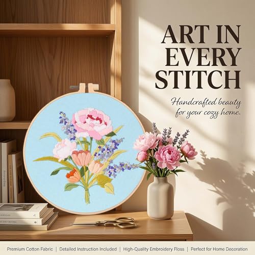 Harimau Adult Beginner Embroidery Starter Kit, Complete Set with 4 Patterns, 2 Hoops, Needles, Scissors, Instruction Guide & Stitching Video Tutorials - color: Floral7 pattern