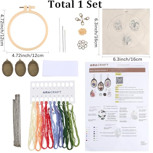SUNNYCLUE DIY 3 Sets Embroidery Necklace Kits Mini Cross Stitch Kit with Hoop Paper Instructions Embroidery Flower Pattern Pendant Necklaces for Jewelry Making Supplies Adult Beginners Starter Crafts - style: Flower 1