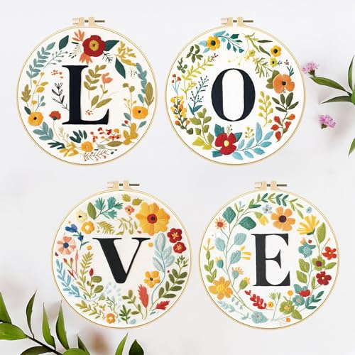 FREEBLOSS 4 Sets 11.6" Embroidery Kit for Beginners Needlepoint Embroidery Starter Kit with Flower Stamped Patterns, Instructions, Colored Threads, 2 Hoops - style: Love Flower