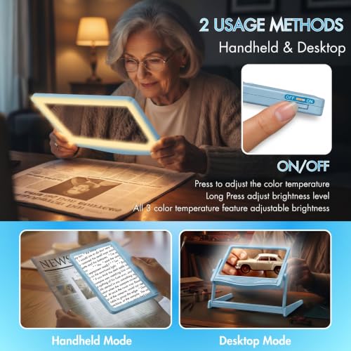 MAGNIPROS 5X LED Page Magnifying Glass, Detachable Stand, 3 Color Modes - color: Blue