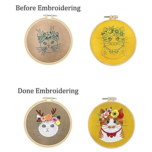 Mozzyyee Embroidery Starter kit, DIY Adult Beginner Embroidery Kits, Including Cloth with Cat Patterns, Colored Threads, Needles, Hoops and Instructions (Gray) - color: Gray