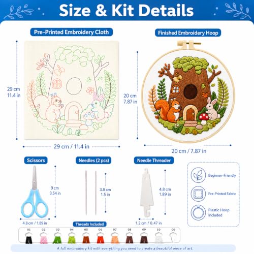 Zhenqing Treehouse Friends Embroidery Kit for Beginners, Woodland Animal Needlework Kit with Pre-Printed Cotton Fabric, Hoop, Threads & Tools, Nursery Decor (C0142) - color: Treehouse Friends