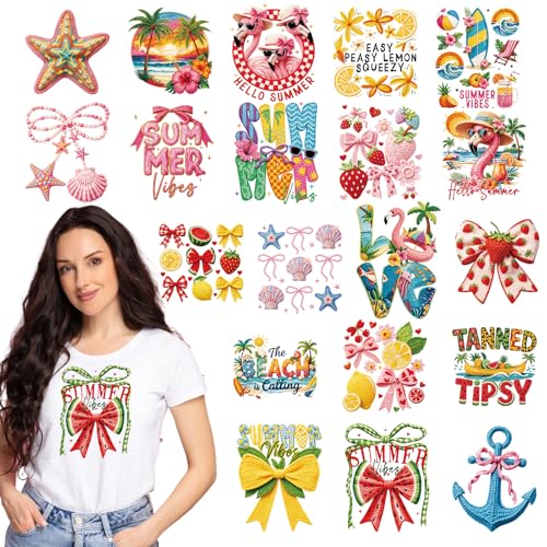 Dazoratix Summer Iron on Transfers - 20 Sheets Cute Beach Vibes Fruit DTF Ready to Press Bulk Heat Patches Bow Stickers Vinyl Decals for T Shirts Clothing Pillow Bag DIY Crafts Appliques Decorations - style: Cute Summer