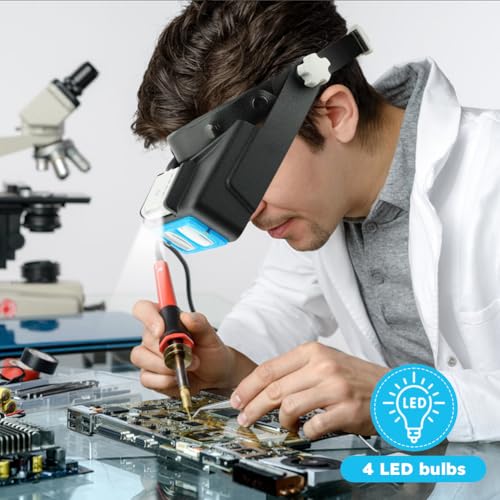 Headband Magnifier with Light,Rechargeable Magnifying Glasses for Close Work,1.5X to 3.5X Magnifier with 4 Lens,Jewelers Magnifying Glass Loupe Visor for Reading,Crafts,Hobby