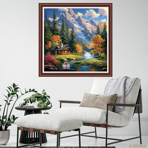 Dimensean Counted Cross Stitch Kit for Beginners, 11CT Unprinted Cross-Stitch Kit Easy Patterns Needlepoint Kit Cross Stitching Embroidery Kit Supplies-Home Under the Snow Mountain 18x18 inch - color: ColornNEW22