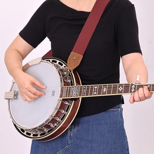 Nefelibata Banjo Strap,2"Wide Double Crazy Horse Leather Jacquard Embroidery Strap Adjustable Replacement,Multi-pattern Strap With Metal Clips - color: A#-burgundy
