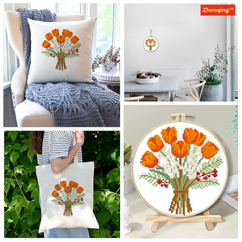 Zhenqing Orange Tulip Bouquet Cross Stitch Kit for Beginners - Complete Set with Pre-Printed 11CT 24x24cm Fabric, Hoop & Threads(70359) - color: 70359