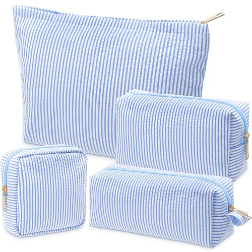 Sanwuta 4 Pcs Seersucker Pouch Striped Makeup Bag Set, Acid Blue - color: Blue